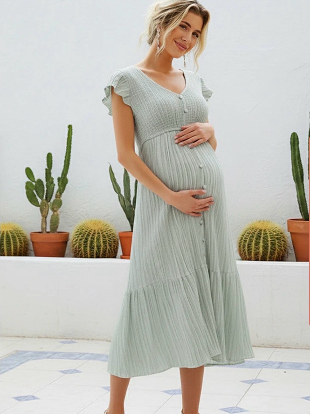 Summer Mae sage green maternity midi dress v-neck ruffle sleeves